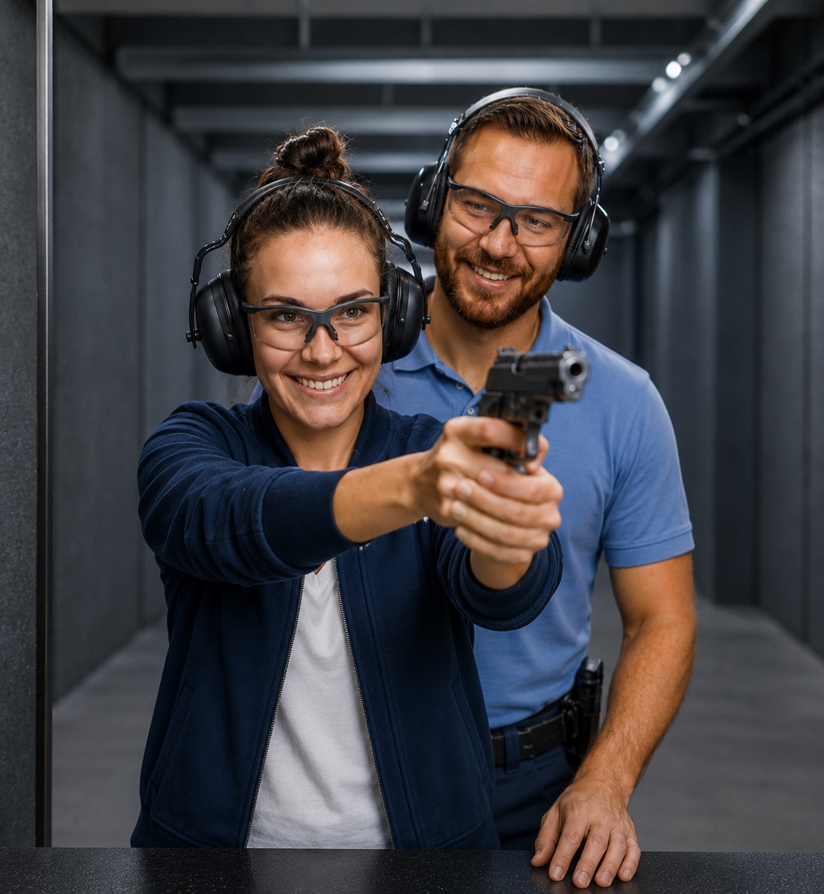 Instruktor i kursantka podczas strzelania na strzelnicy