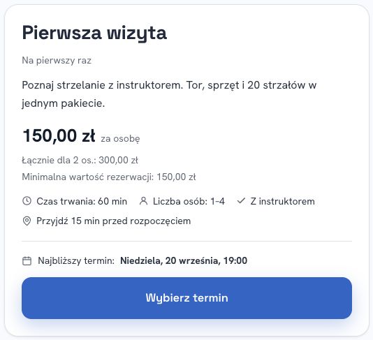 Strona pakietu Pierwsza wizyta z opisem oferty i przejściem do wyboru terminu.